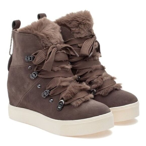 J Slides Taupe Whitney Fur Wedge Sneaker - Picture 2 of 5